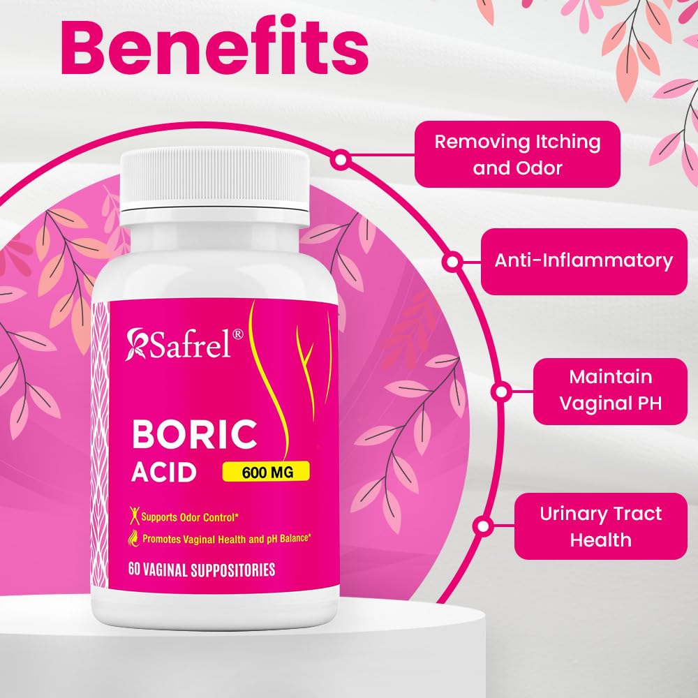 Safrel Boric Acid Vaginal Suppositories - 60 Count (1-Pack) – 100% Pure USA-Made, Supports Intimate